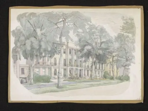 View of Regency terrace with large trees in front, by Phyllis E. Ginger