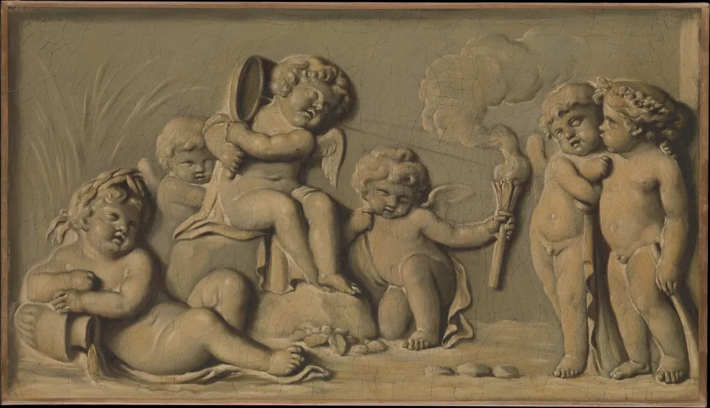 Amorini at play (one of a pair), by Piat Joseph Sauvage, oil, 1750