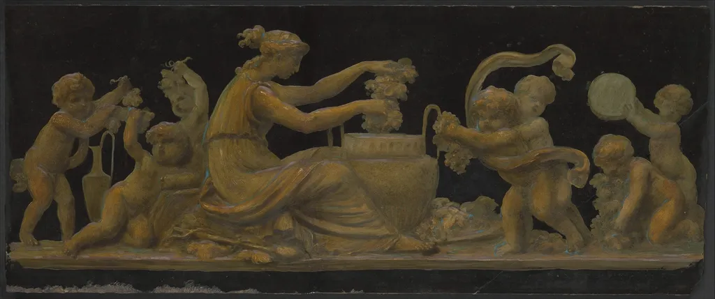 Nymph and Putti in a Vintage Scene; Nymph with a Wreath and Putti with Garlands of Flowers, by Piat Joseph Sauvage, unspecified, 1796
