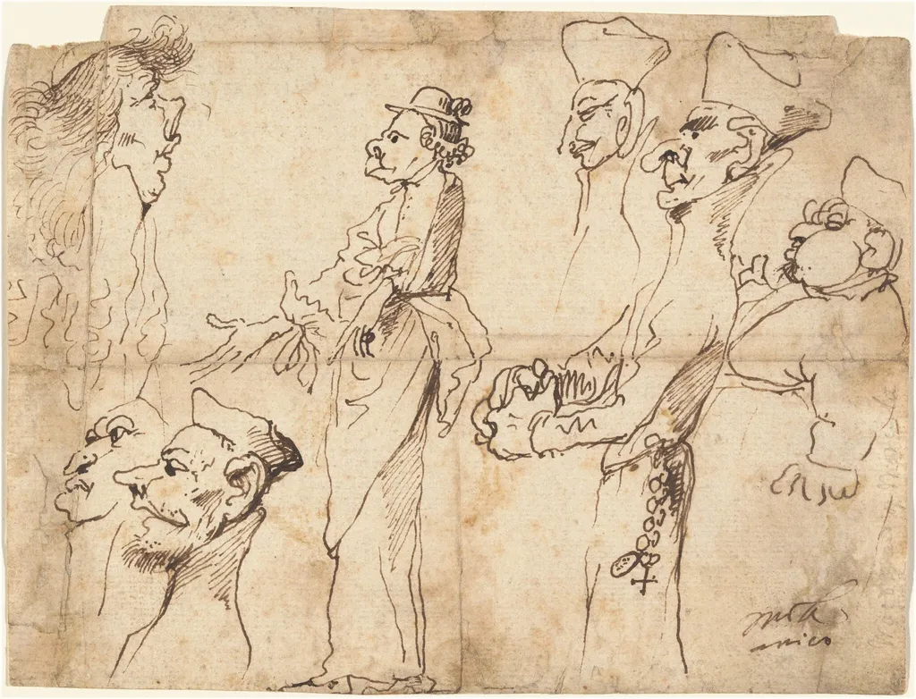 Caricatures of Clerics and Priests, by Pier Francesco Mola, ink, 1650