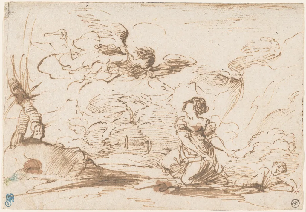 The Angel Appearing to Hagar and Ishmael in the Wilderness, by Pier Francesco Mola, ink, 1645