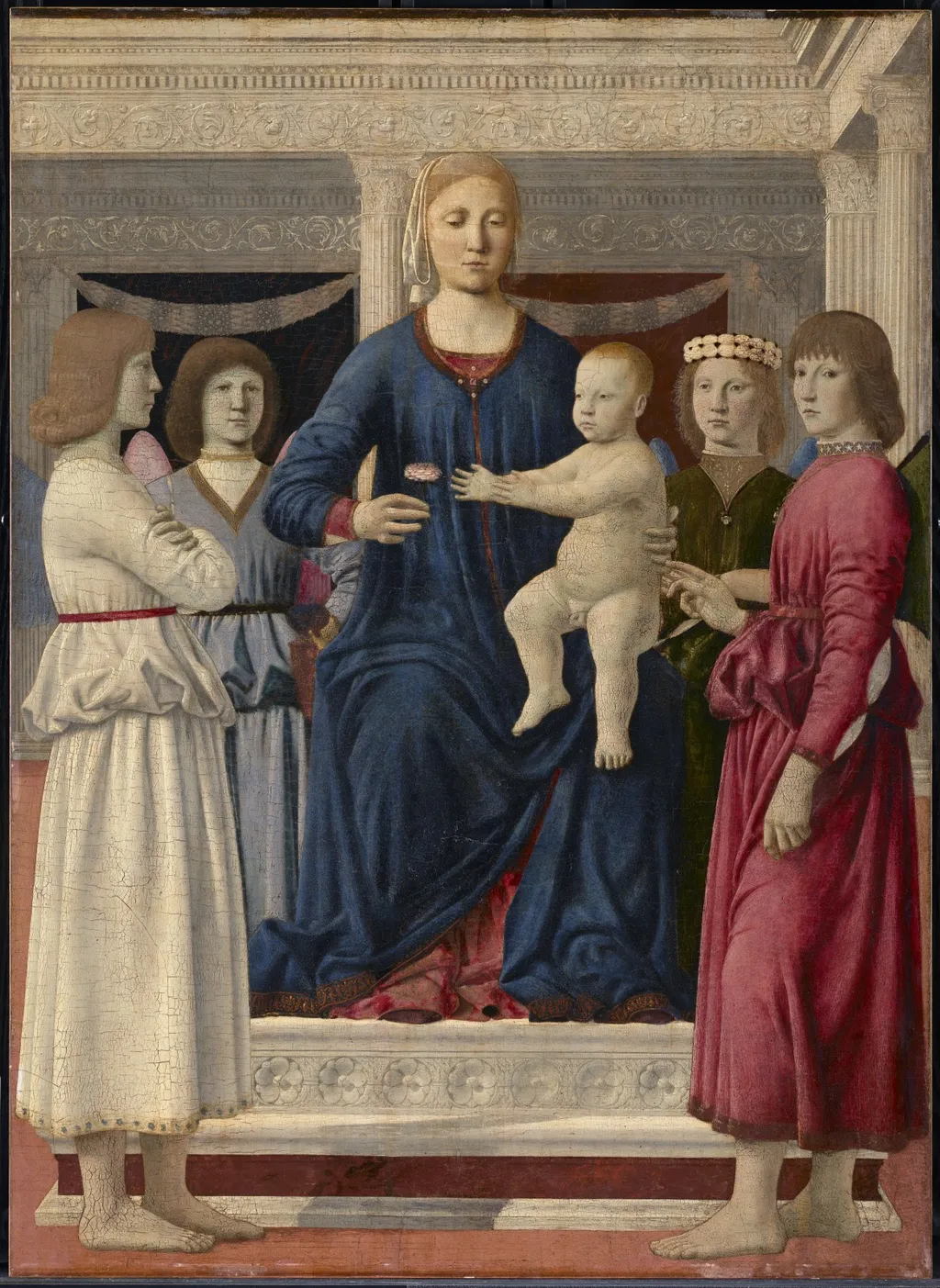 Virgin and Child Enthroned with Four Angels, by Piero della Francesca, oil, 1475