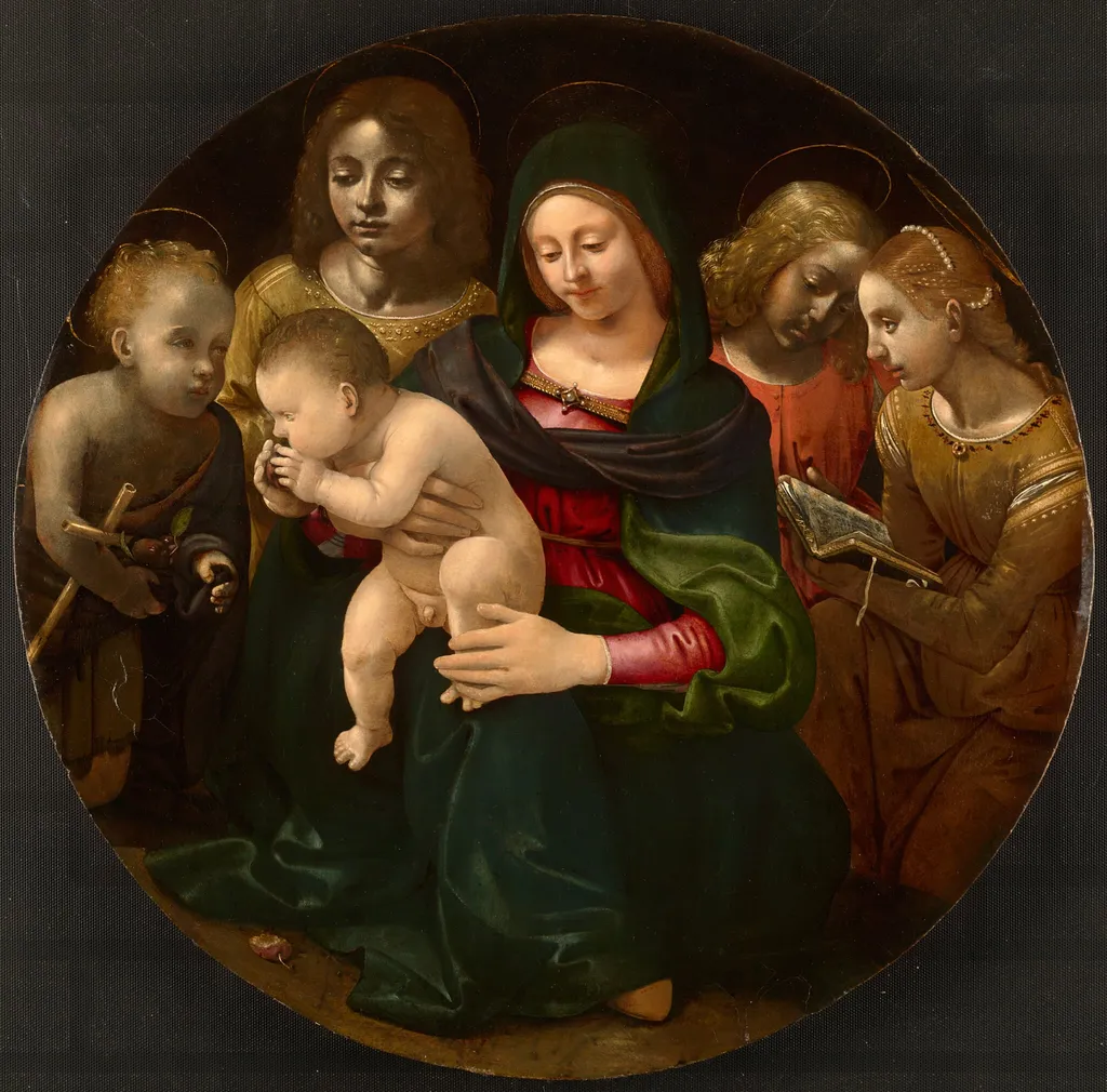 Virgin and Child with the Young Saint John the Baptist, Saint Cecilia, and Angels, by Piero di Cosimo, oil, 1505
