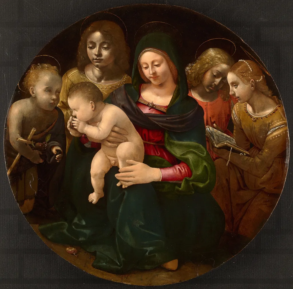 Virgin and Child with the Young Saint John the Baptist, Saint Cecilia, and Angels, by Piero di Cosimo, oil, 1505