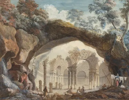Architectural Fantasy: Ruins of a Circular Temple Seen through a Natural Arch, by Pierre-Adrien Pâris