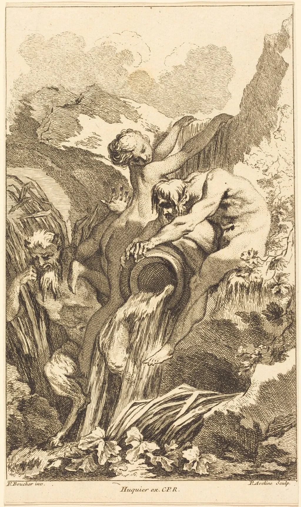 Satyr, Nymph and River God, by Pierre-Alexandre Aveline, ink, 1736