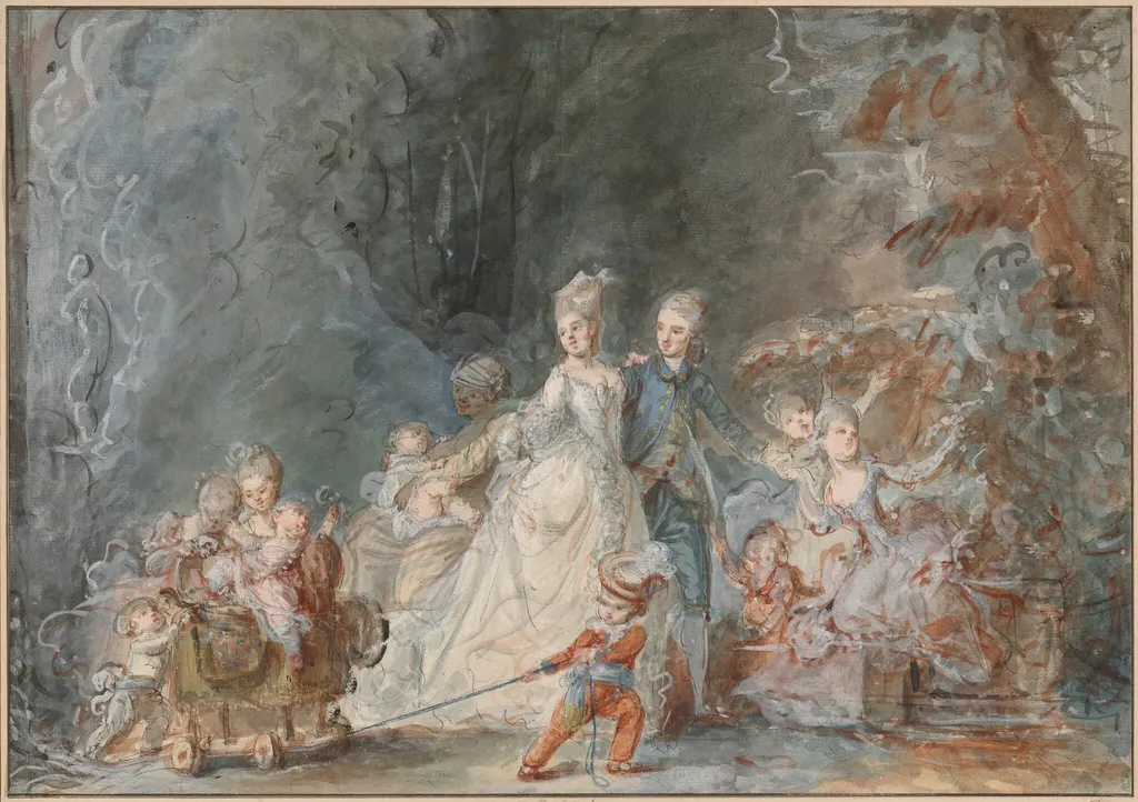 Family Promenade in the Park, by Pierre-Antoine Baudouin, ink, 1766