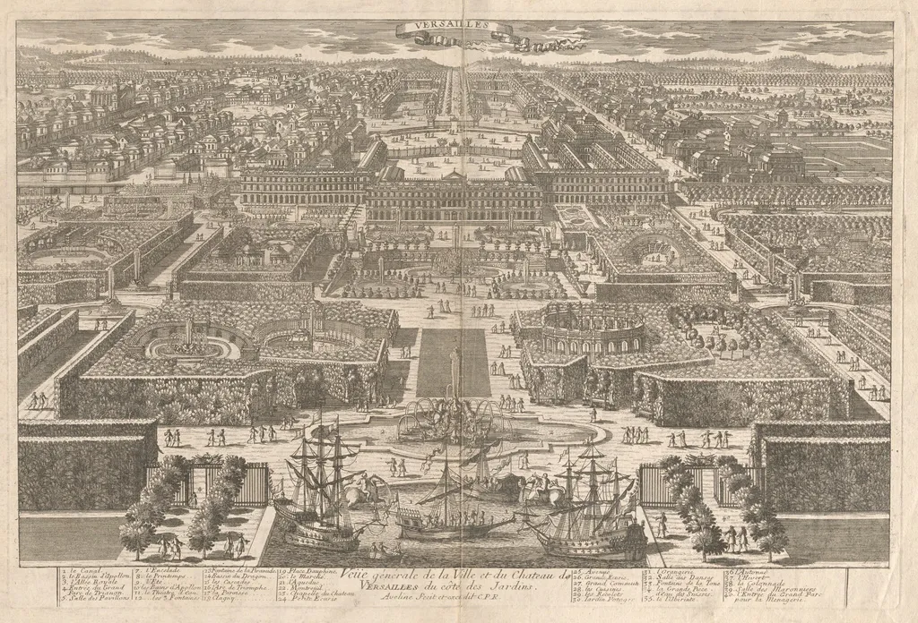 Veüe générale de la Ville et du Chateau de Versailles du côté des Jardins (View of Versailles), by Pierre Aveline the Elder, ink, 1675
