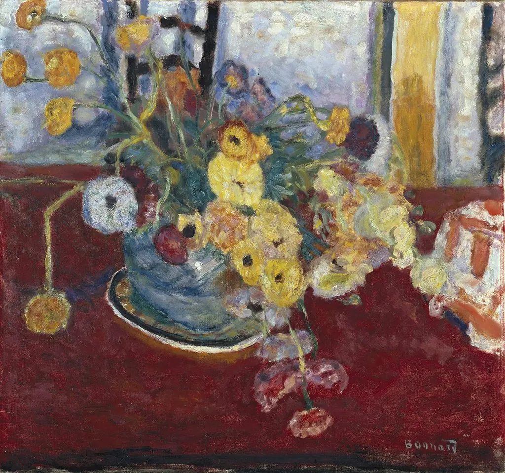 Fleurs sur un tapis rouge, by Pierre Bonnard