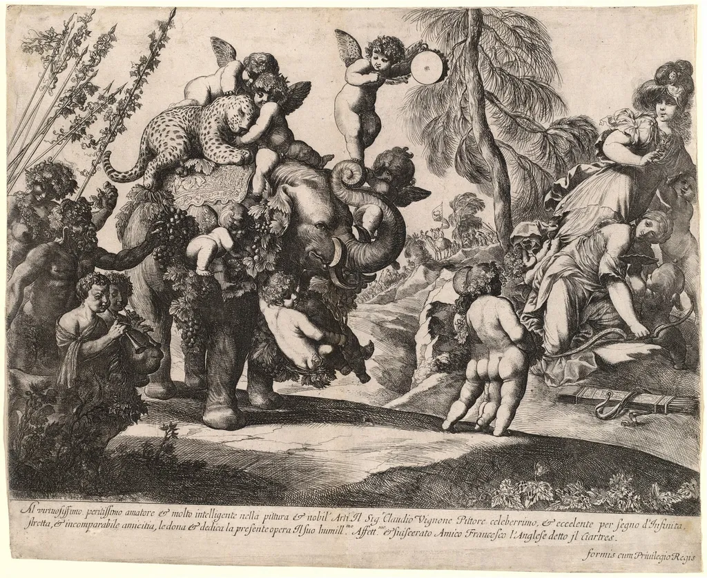 Bacchus with Diana and Minerva, by Pierre Brebiette, ink, 1624