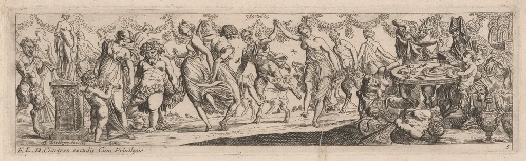 Dancing Nymphs and Satyrs, by Pierre Brebiette, ink, 1626