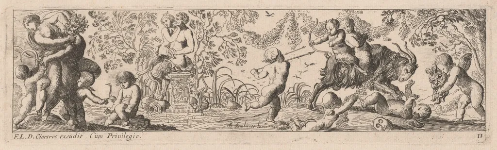 Putti and Satyrs Shooting Arrows, by Pierre Brebiette, ink, 1626