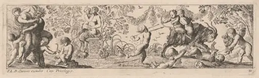 Putti and Satyrs Shooting Arrows, by Pierre Brebiette