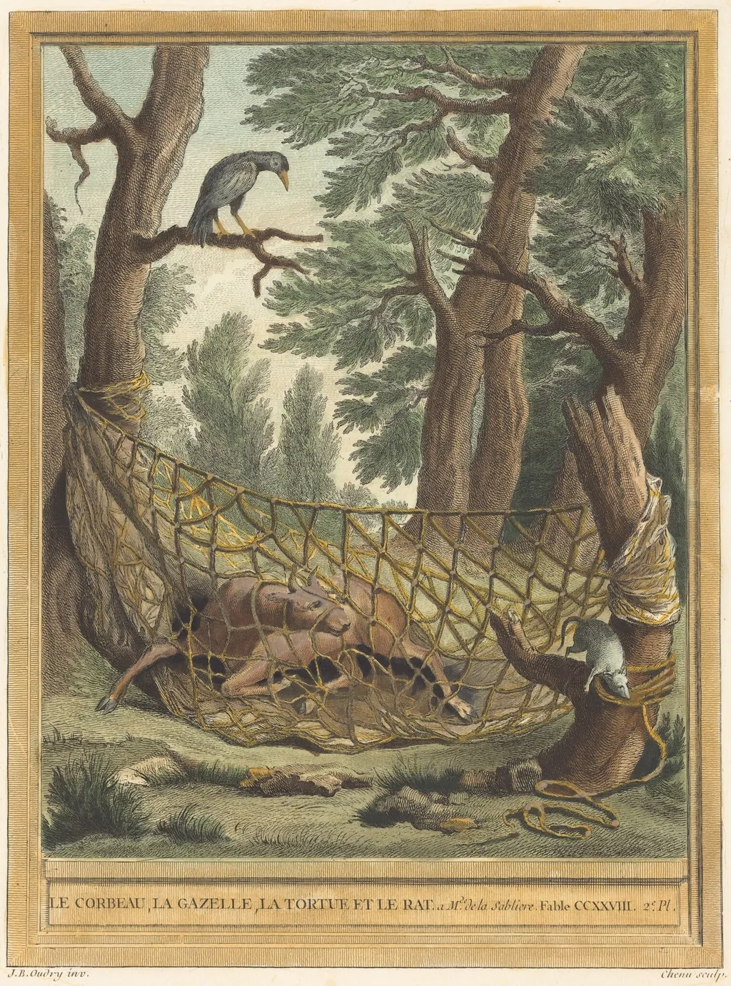 Le corbeau, la gazelle, la tortue et le rat (The Crow, the Gazelle, the Tortoise, andthe Rat), by Pierre Chenu, ink, 1759