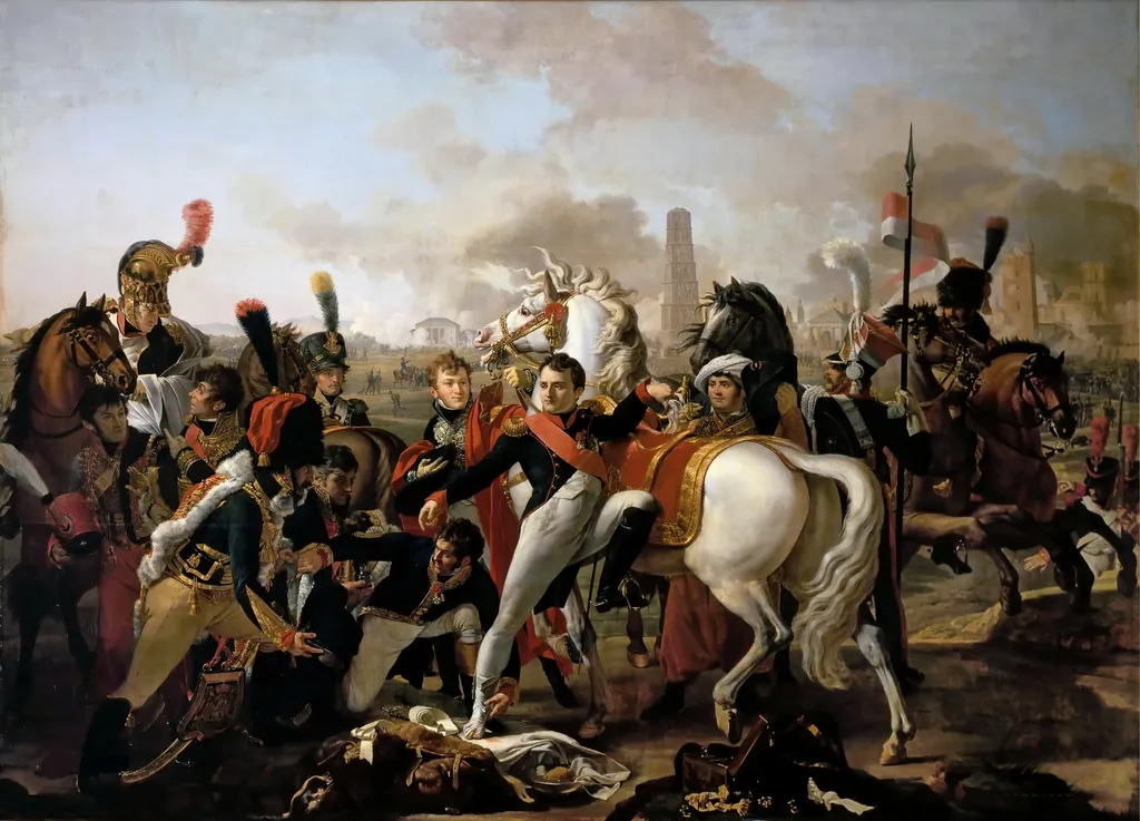 Napoleon dismounting with an injured foot at Regensburg, aided by the Surgeon, Yvan, April 23, 1809, by Pierre-Claude Gautherot, oil, 1810