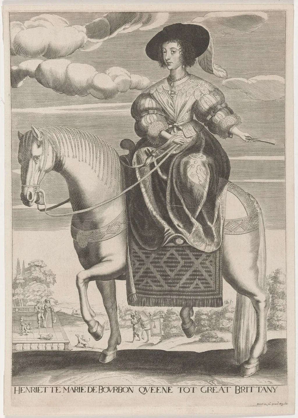 Henrietta Maria on Horseback, by Pierre Daret de Cazeneuve, ink, 1641