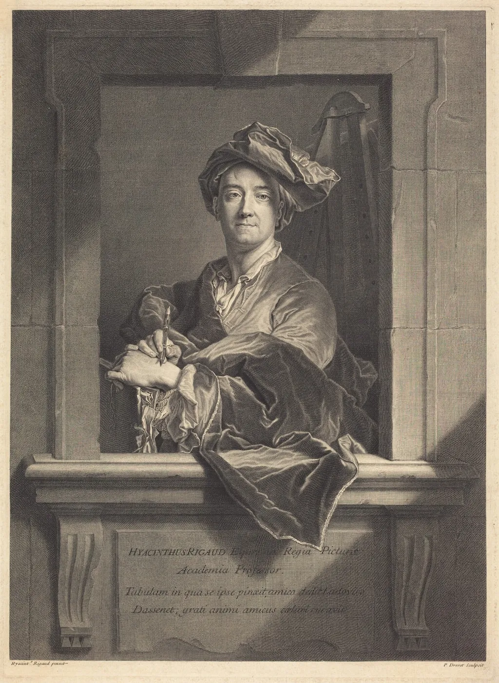 Hyacinthe Rigaud, by Pierre Drevet, ink, 1714