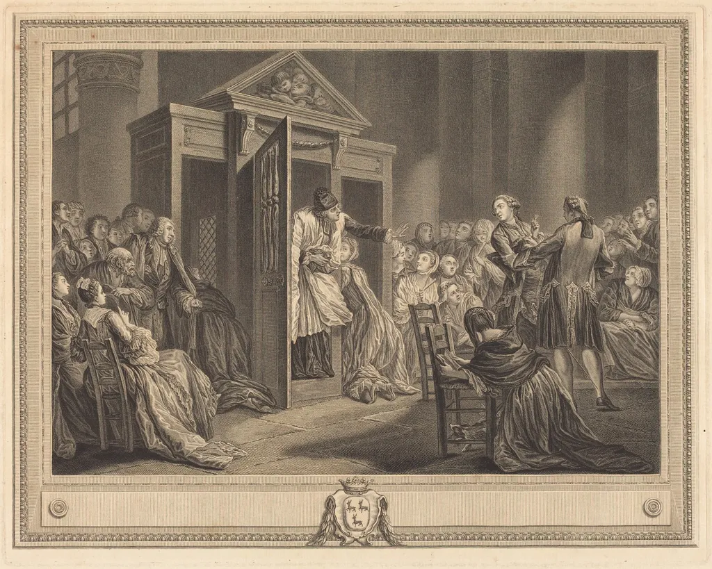 Le confessional, by Pierre Etienne Moitte, ink, 1777