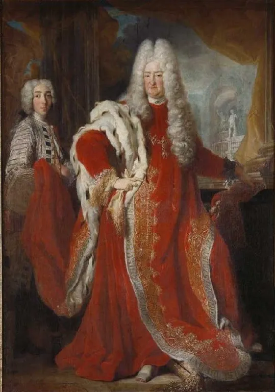 Kurfürst Karl III. Philipp von der Pfalz als Ordensgroßmeister mit Page, by Pierre Goudreaux, oil, 1724