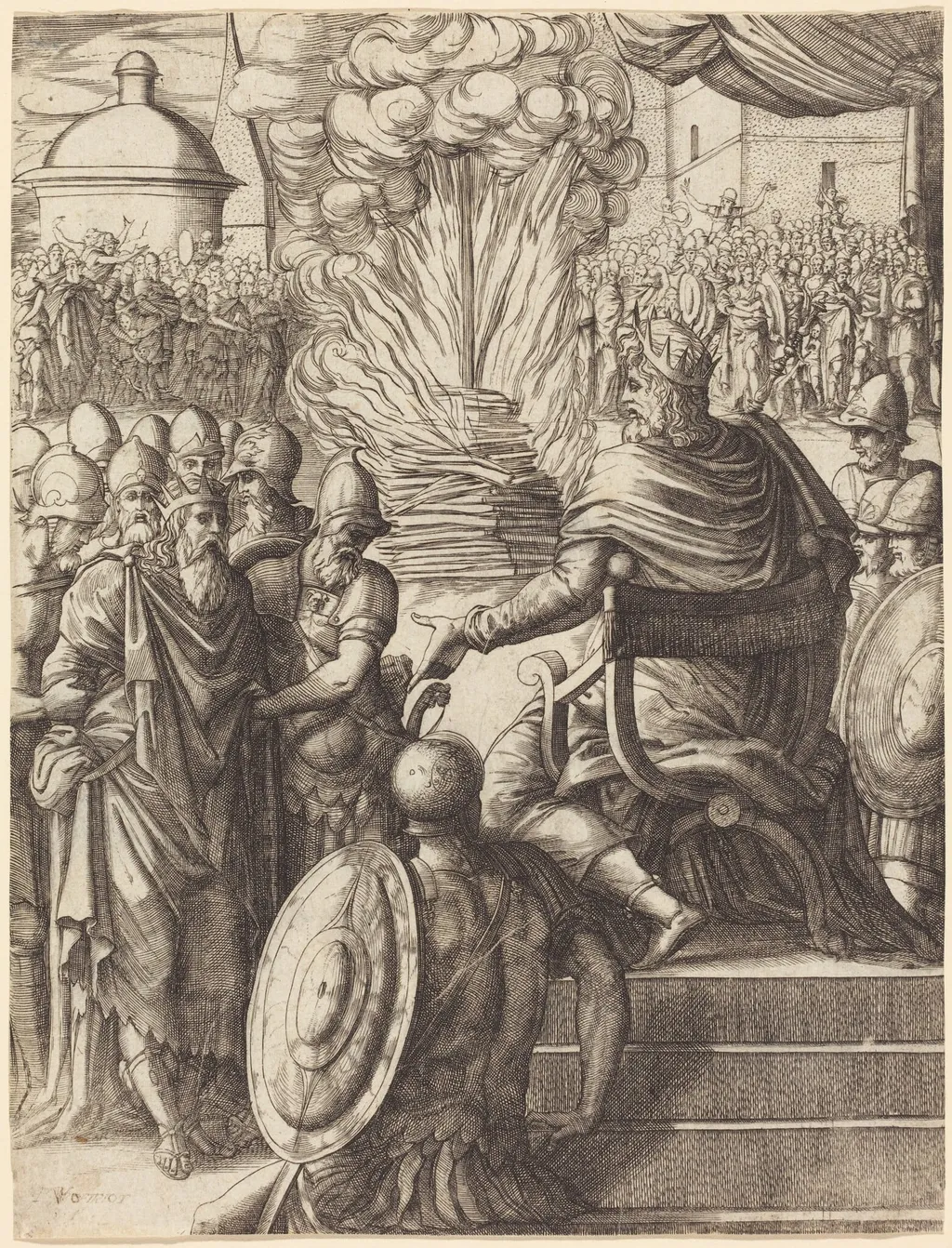 Heraclius Sentencing the Tyrant Phocas, by Pierre II Woeiriot de Bouzey, ink, 1566