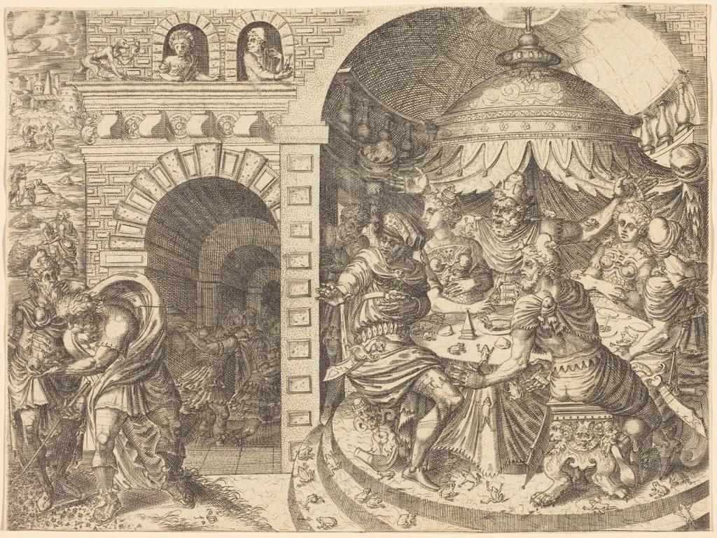 Pharaoh and the Plague of Frogs, by Pierre II Woeiriot de Bouzey, ink, 1566