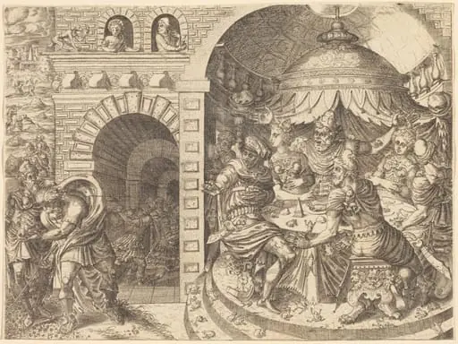 Pharaoh and the Plague of Frogs, by Pierre II Woeiriot de Bouzey