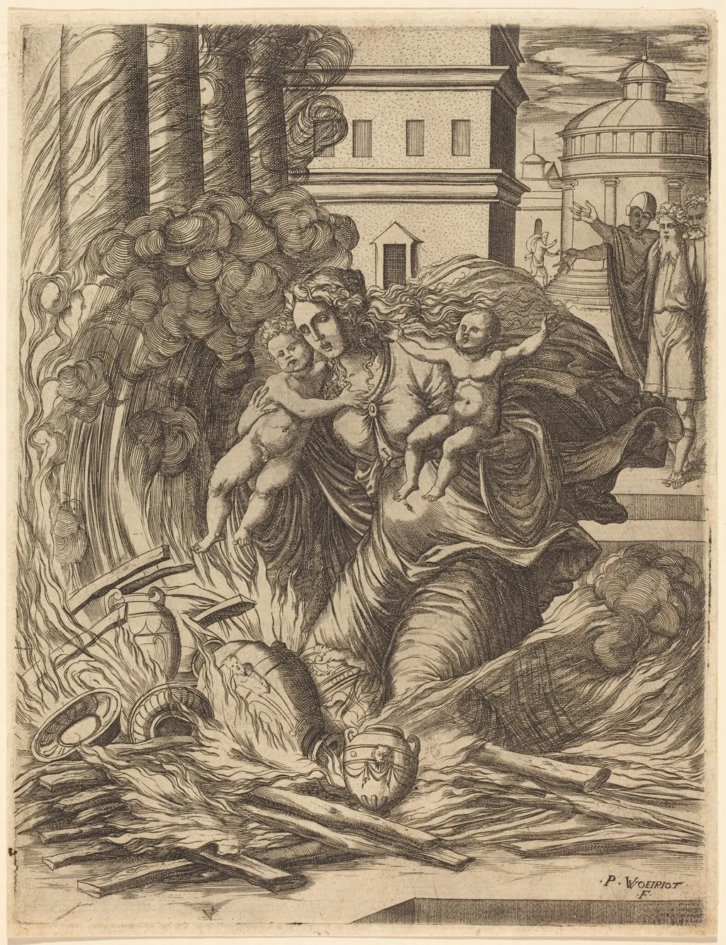 The Wife of Hasdrubal Throws Herself on the Fire, by Pierre II Woeiriot de Bouzey, ink, 1566