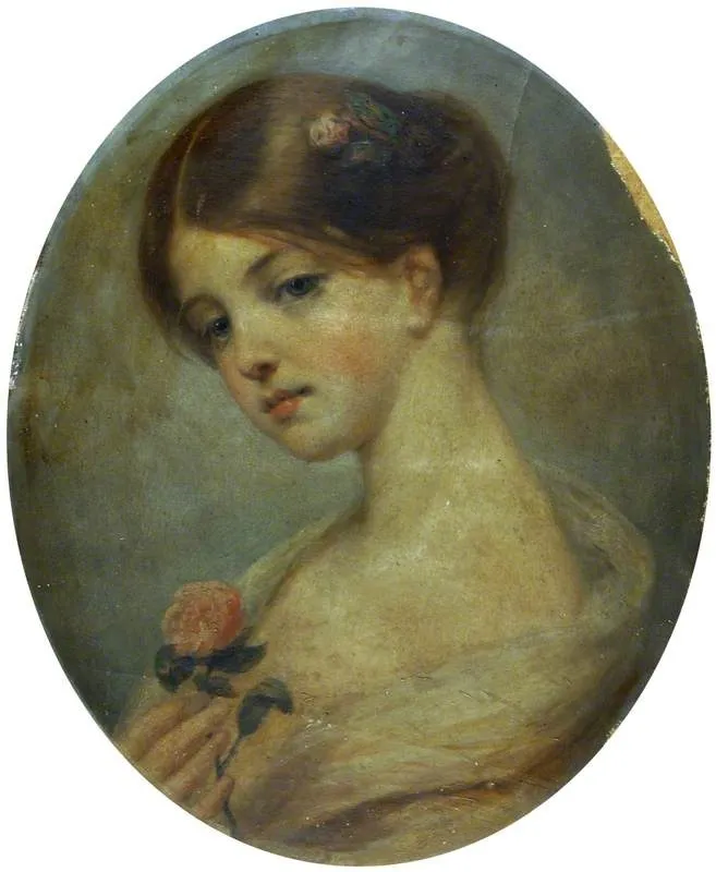 Portrait of a Girl holding a Rose, by Pierre-Joseph Dedreux-Dorcy, oil, 1846