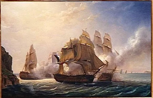 Combat du vaisseau francais le Romulus contre trois vaisseaux anglais à l'entrée de la rade de Toulon. 13 février 1814, by Pierre-Julien Gilbert, oil, 1837