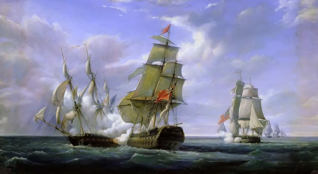 Fight of the British Third Rate 74-gun ship-of-the-line HMS Tremendous and HMS ''Hindostan against the French frigate Cannonière, 21 April 1806., by Pierre-Julien Gilbert