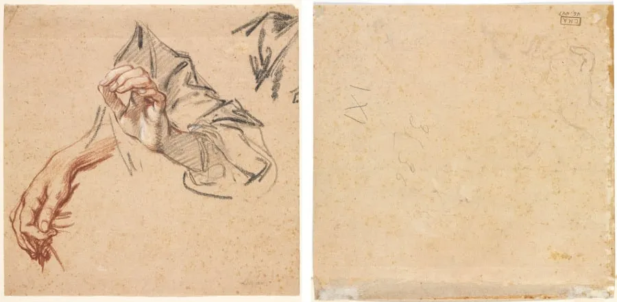 Study of Hands (recto); Sketch of a Hand (verso), by Pierre L'Enfant, 1704