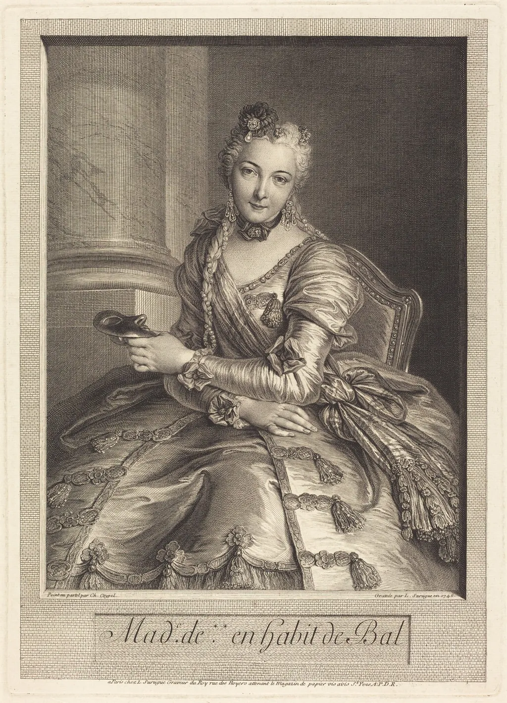 Mme. de M ... en habit de bal, by Pierre Louis de Surugue, ink, 1746