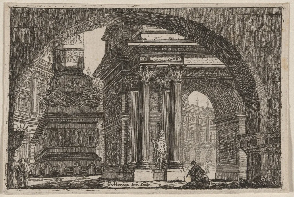 Ancient Forum Seen Beneath an Arch, by Pierre Moreau, ink, 1750