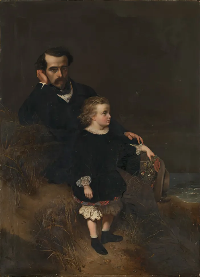 Self-portrait of the painter with his son Oscar, by Pierre Olivier Joseph Coomans, oil, 1852