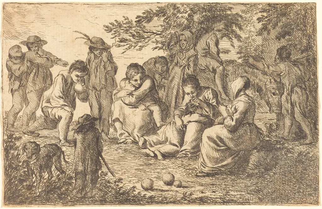 Children with Donkey and Dog in a Clearing, by Pierre Parrocel, ink