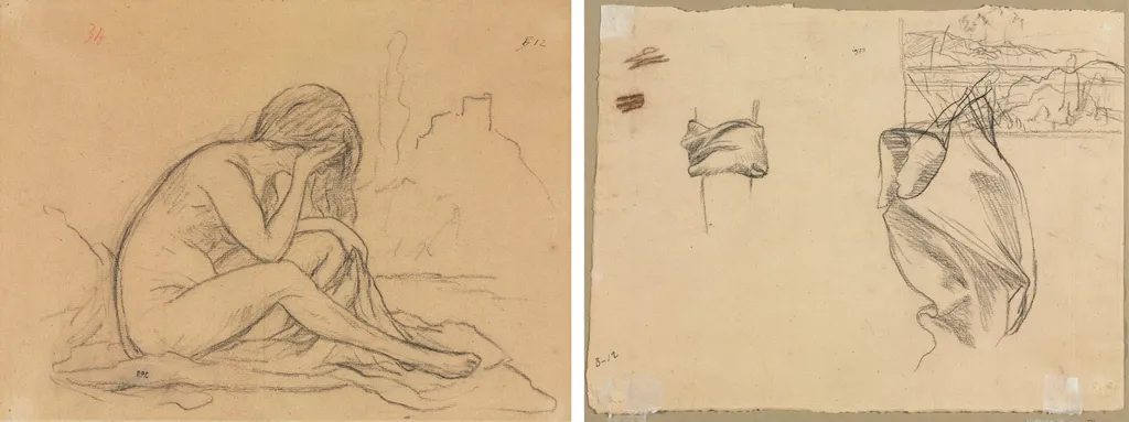 Study of a Female Nude (possibly for an unrealized allegorical painting) (recto); Studies of Drapery and Study of a Landscape (verso), by Pierre Puvis de Chavannes, 1804