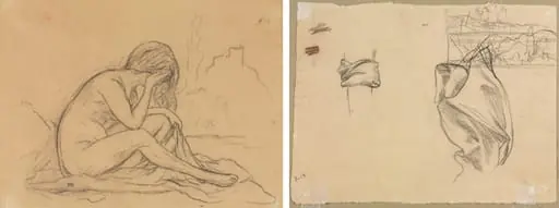 Study of a Female Nude (possibly for an unrealized allegorical painting) (recto); Studies of Drapery and Study of a Landscape (verso), by Pierre Puvis de Chavannes