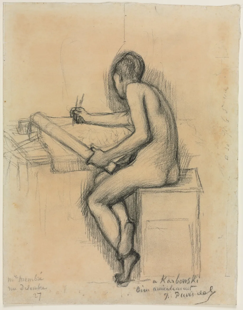 Study of a Seated Nude Female Model Drawing, by Pierre Puvis de Chavannes, 1893
