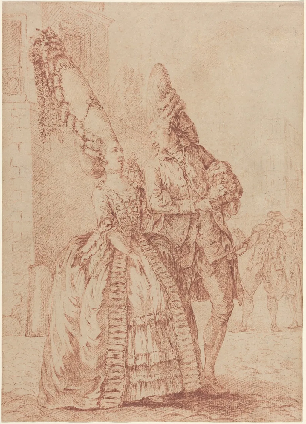 A Lady and Gentleman with Exaggerated Headdresses, by Pierre Thomas Le Clerc, chalk, 1779