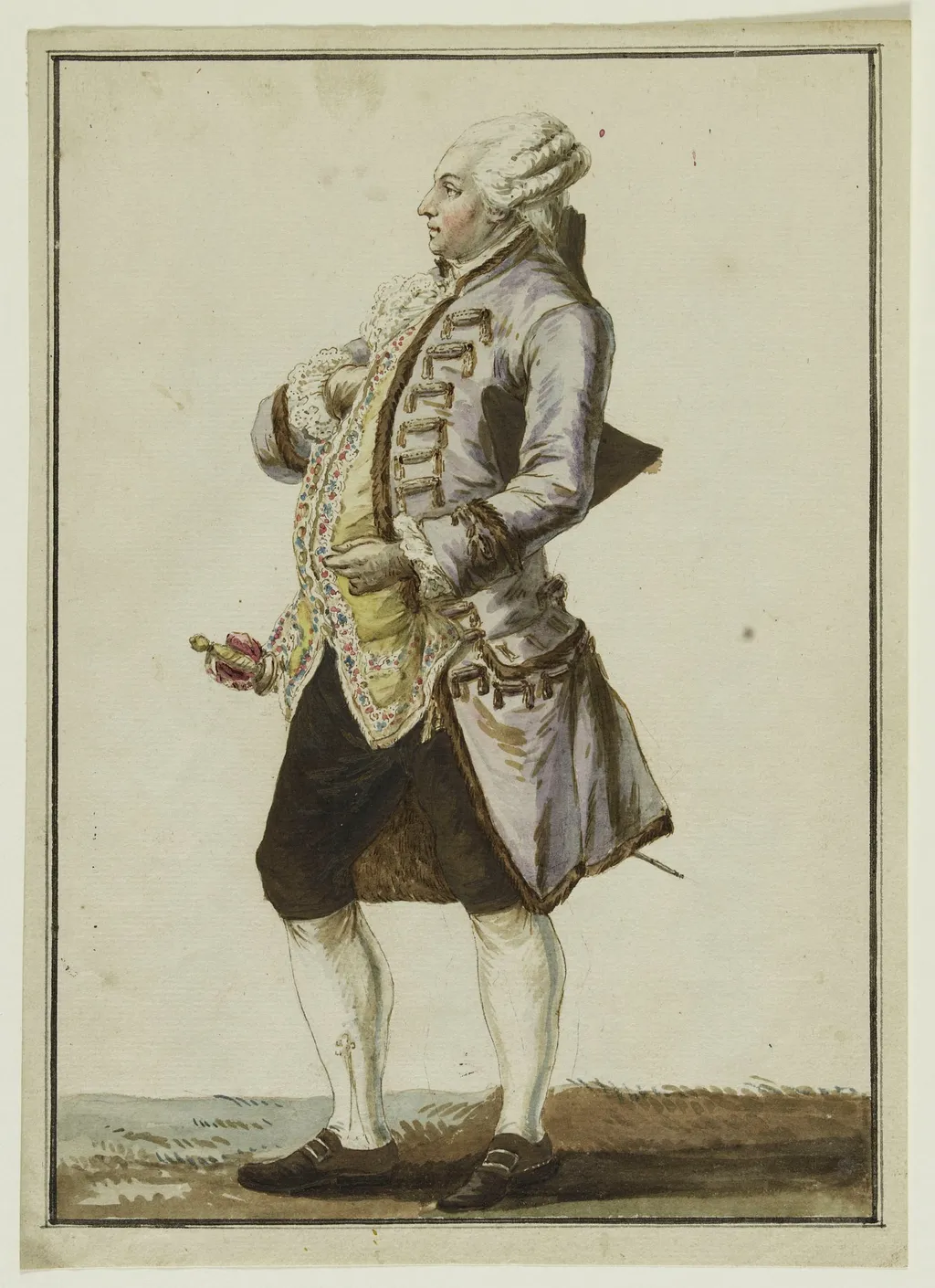 Homme vêtu d'un habit en surtout à brandebourgs de camelot de soie, by Pierre Thomas Le Clerc ou Leclerc, unspecified, 1776