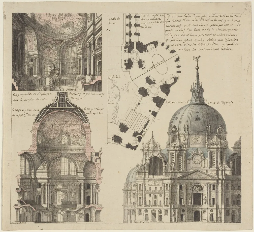 Three Views and a Plan of a Triangular Parish Church, by Pierre Varin, ink, 1750