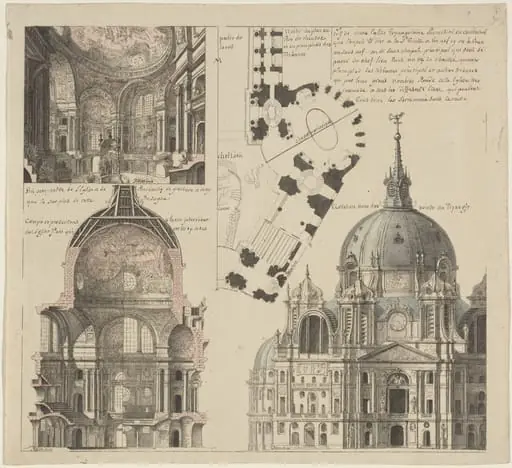 Three Views and a Plan of a Triangular Parish Church, by Pierre Varin