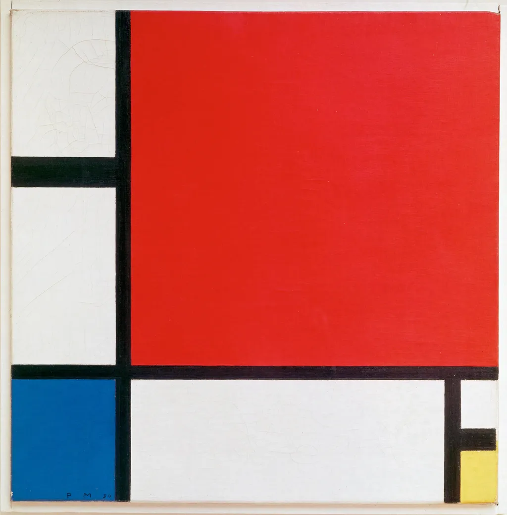 Composition II en rouge, bleu et jaune, by Piet Mondrian, oil, 1930