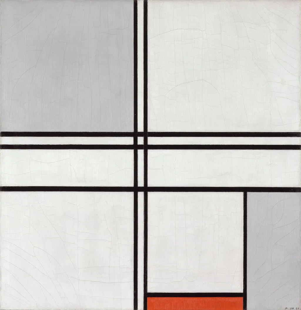Composition (No. 1) Gray-Red, by Piet Mondrian, oil, 1935