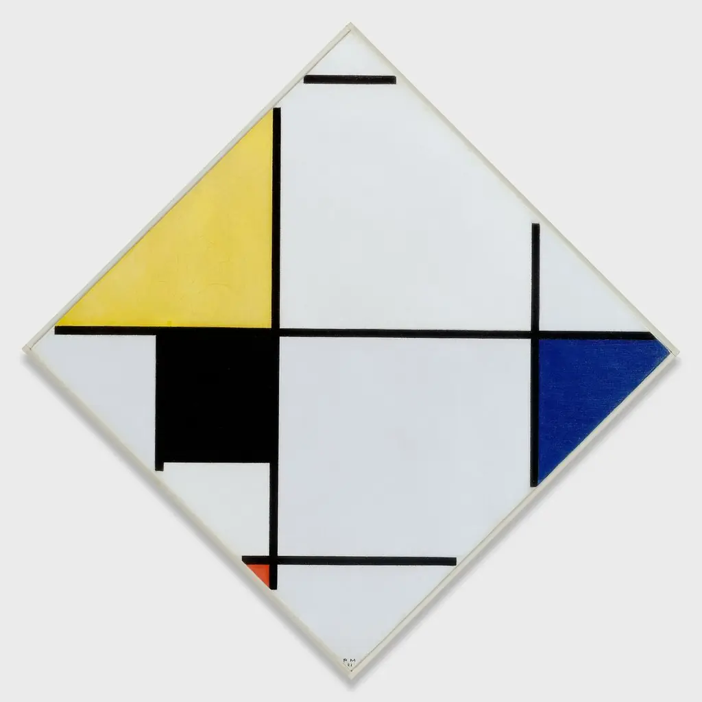 Lozenge Composition with Yellow, Black, Blue, Red, and Gray, by Piet Mondrian