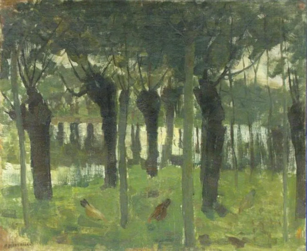 Willow grove near the water with chickens, by Piet Mondrian, oil, 1905