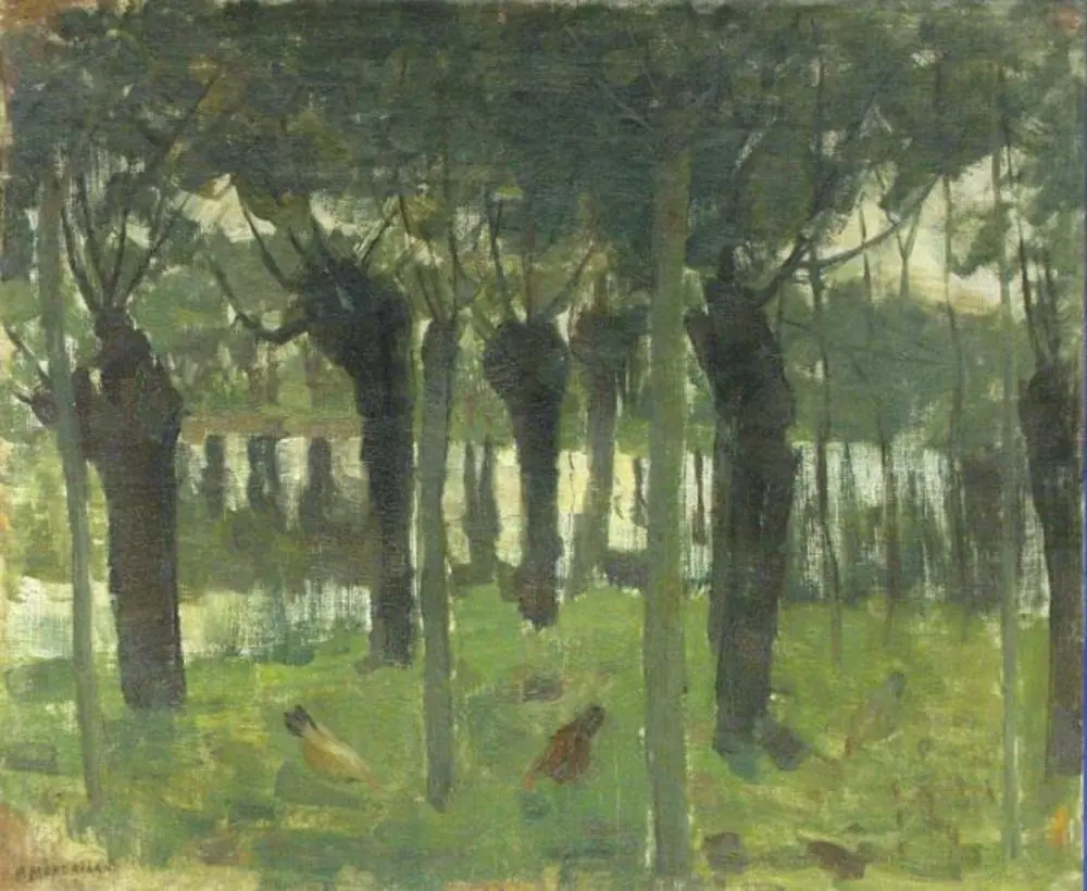 Willow grove near the water with chickens, by Piet Mondrian