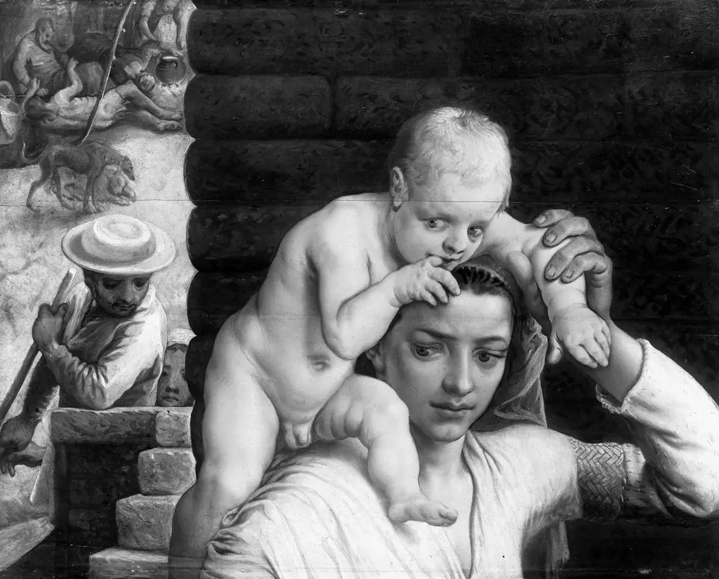Young woman, carrying a child on her shoulder, by Pieter Aertsen