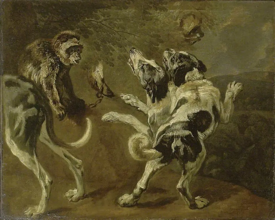 Study of Dogs and a Monkey on the Edge of a Wood, by Pieter Boel