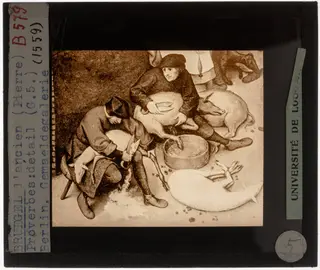 Pieter Brueghel the Elder. Dutch Proverbs Detail: One shears the sheep, the other the pigs, by Pieter Brueghel I, 1559